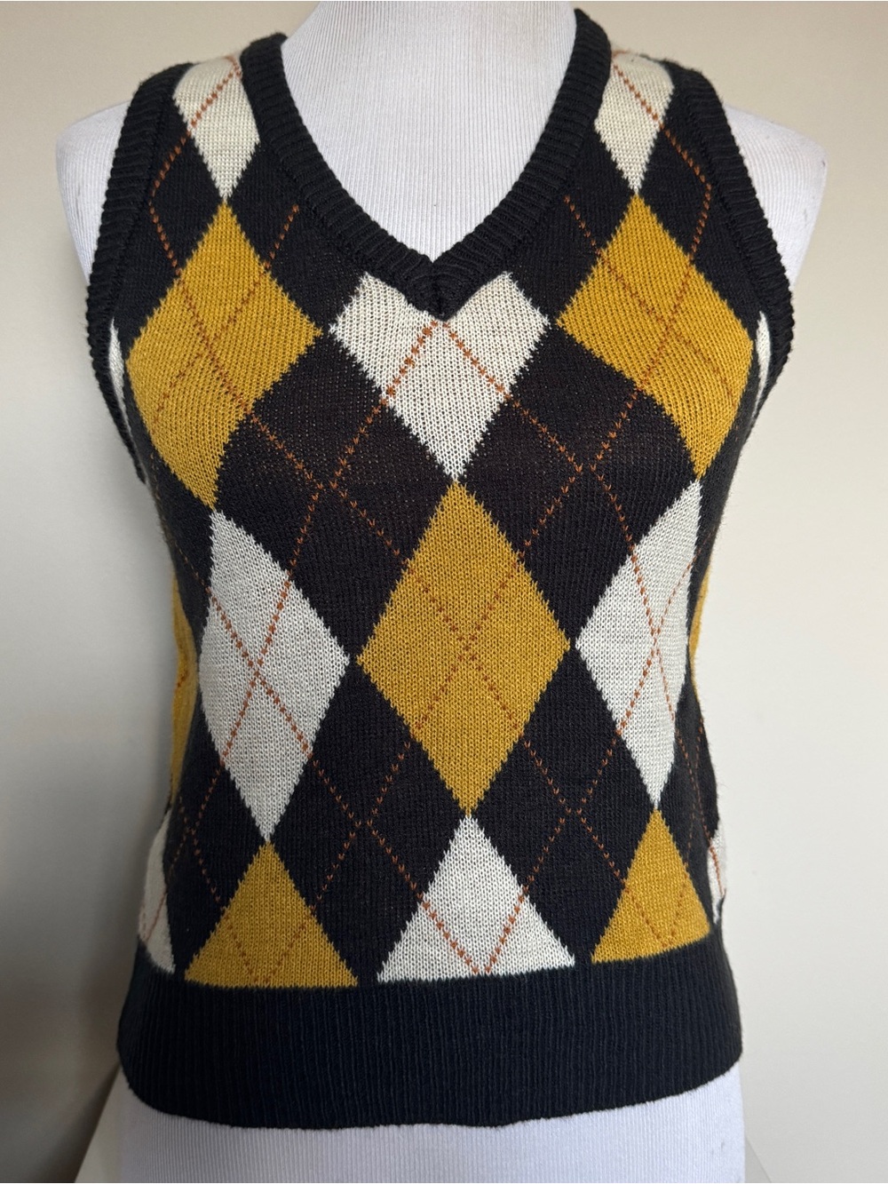 Argyle V-Neck Sweater Vest in Black, Mustard & Cream